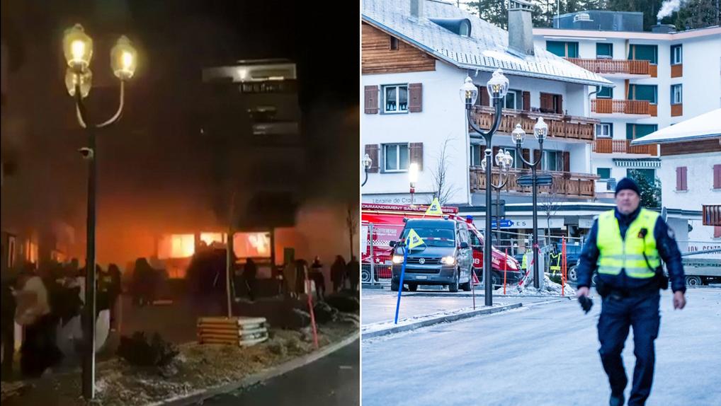 Fotos mostram estação de esqui na Suíça durante e após o incêndio.