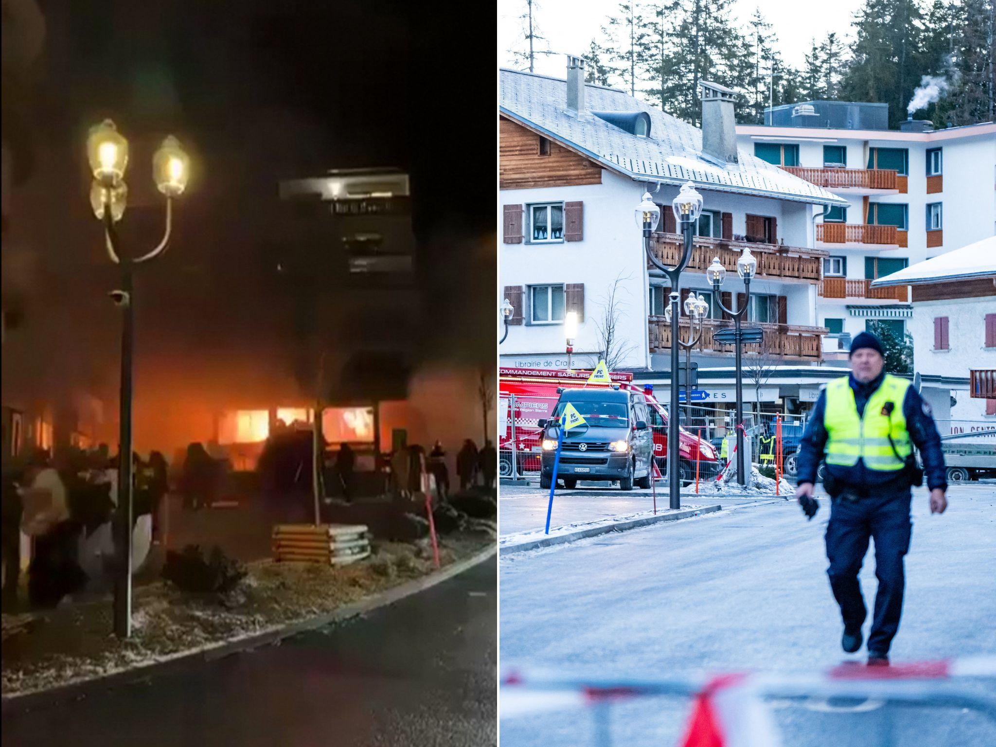 Fotos mostram estação de esqui na Suíça durante e após o incêndio.