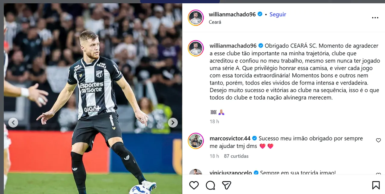 Willian Machado se despediu do Ceará nas redes sociais