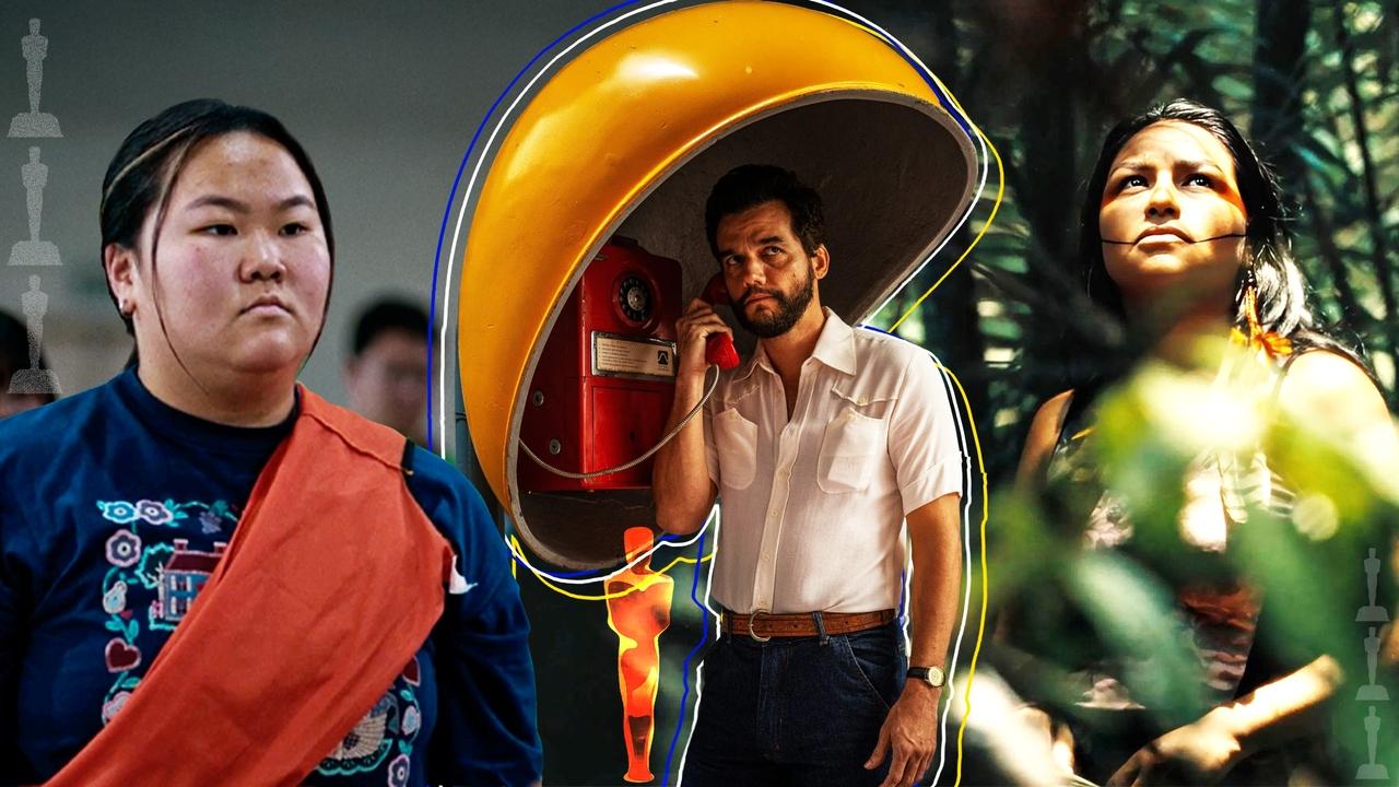 Uma montagem de três imagens de divulgação de filmes brasileiros: o curta 'Amarela' à esquerda, que mostra uma jovem nipobrasileira em close; no meio o longa 'O Agente Secreto', com Wagner Moura falando em um orelhão amarelo; e à direita o documentário 'Yanuni', cuja imagem mostra uma mulher indígena olhando para cima em meio à folhagem. Pequenas silhuetas da estatueta do Oscar decoram as extremidades e o centro da imagem, sugerindo uma temática de premiação cinematográfica.