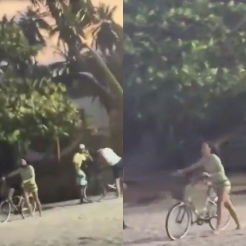 Montagem com foto de Bruna segurando a bicicleta.