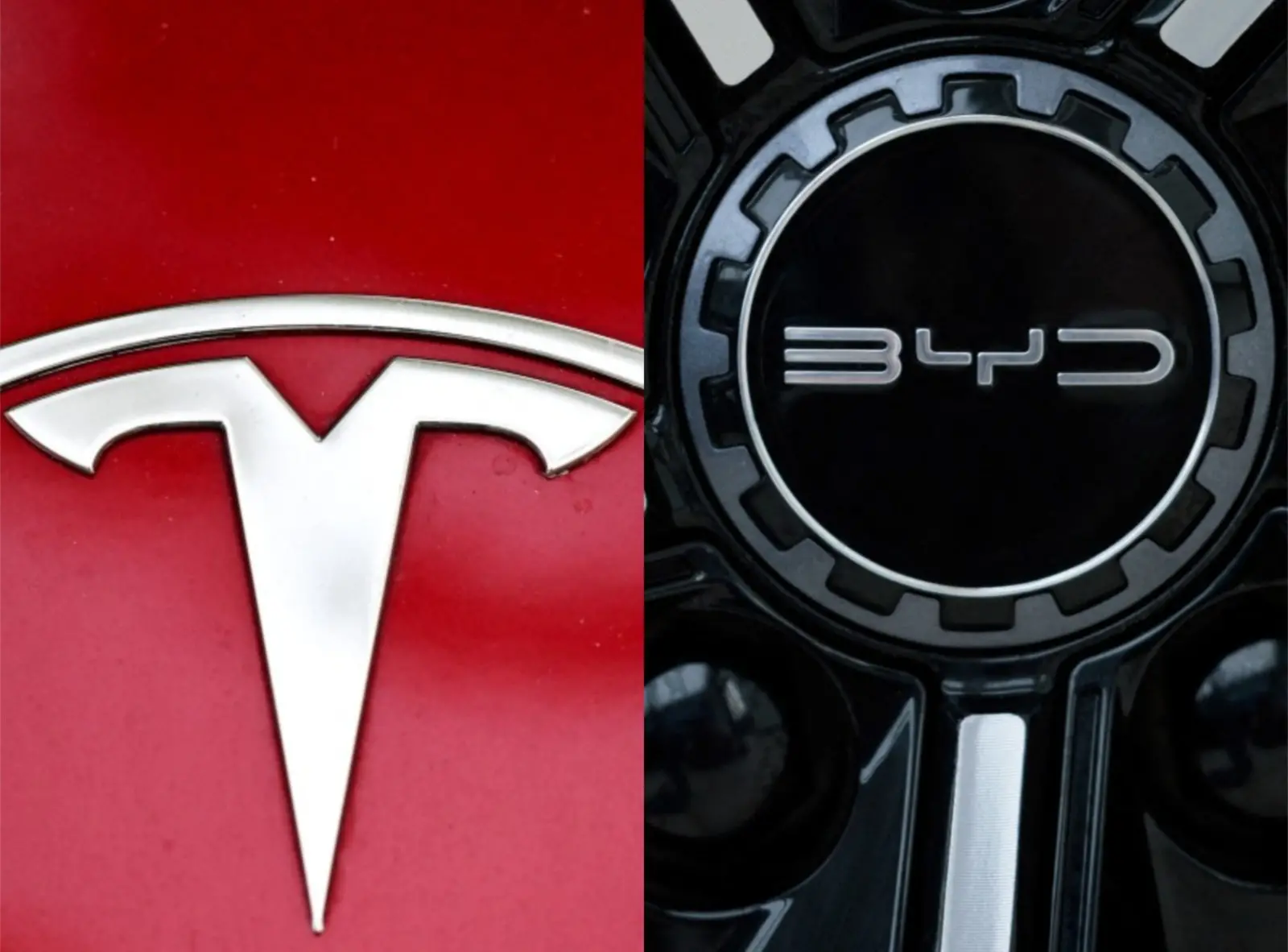 Foto que contém marcas Tesla e BYD.