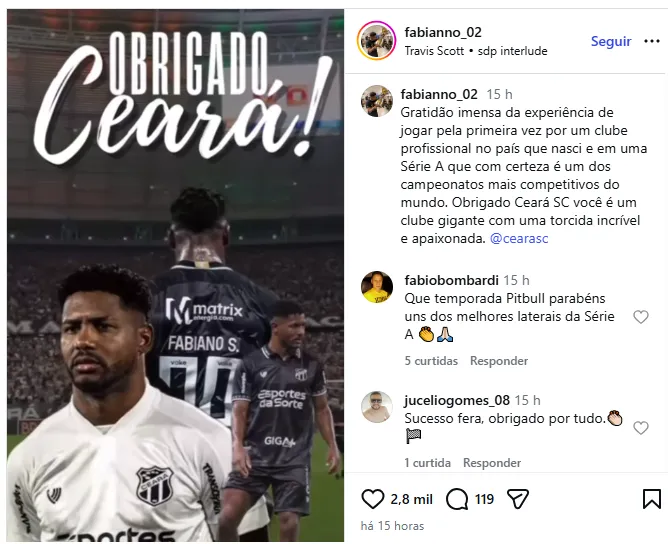 Post de Fabiano Souza se despedindo do Ceará