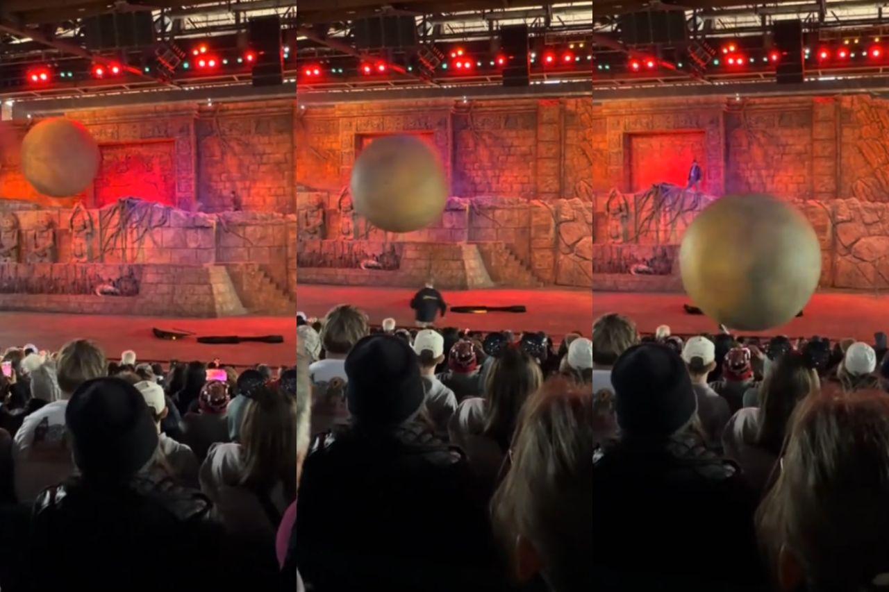 Fotomontagem com o flagra do acidente envolvendo um funcionário da Disney em uma atração do Indiana Jones.