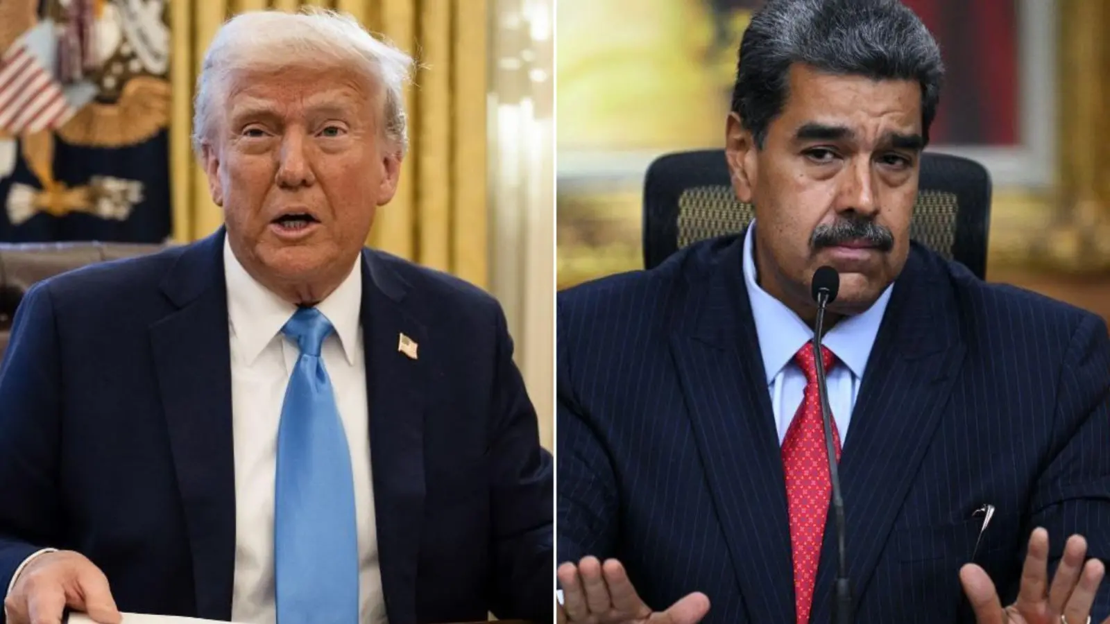 Imagem dividida em duas partes: à esquerda, o presidente dos Estados Unidos fala sentado em um escritório oficial; à direita, o presidente da Venezuela aparece sentado atrás de uma mesa, com as mãos erguidas em gesto de explicação, em um ambiente institucional.
