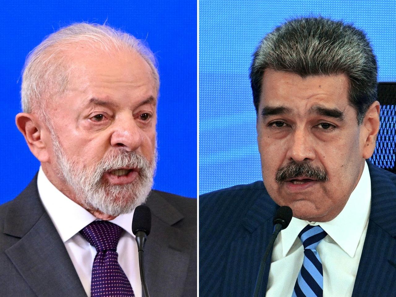 Os presidentes Lula e Nicolás Maduro aparecem em uma imagem dividida lado a lado, ambos falando ao microfone com expressões sérias durante um pronunciamento. O fundo azul sólido em ambas as fotos unifica a composição.