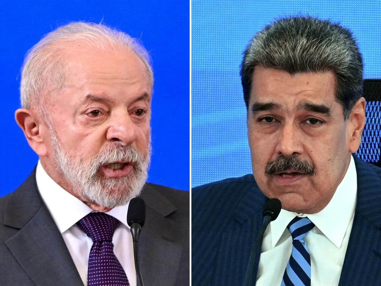 Os presidentes Lula e Nicolás Maduro aparecem em uma imagem dividida lado a lado, ambos falando ao microfone com expressões sérias durante um pronunciamento. O fundo azul sólido em ambas as fotos unifica a composição.