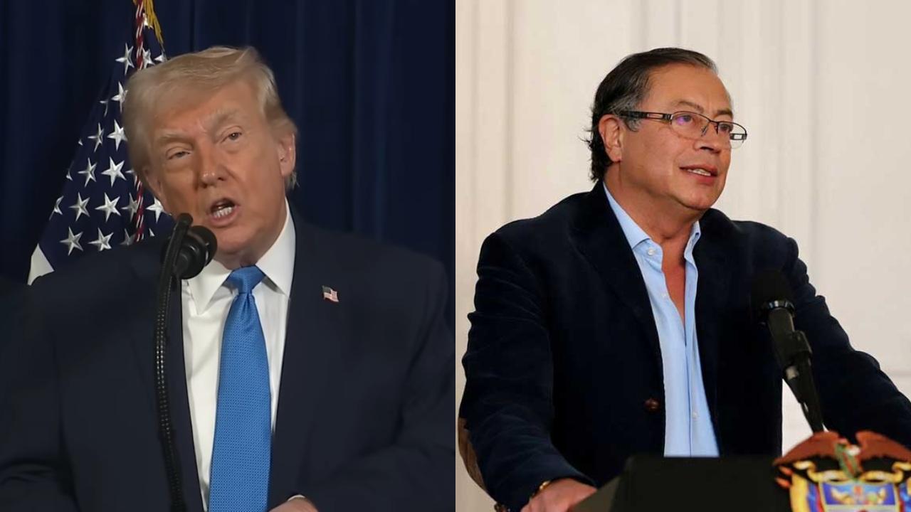 Imagem dividida ao meio mostra dois presidentes em momentos distintos de discurso. À esquerda, Donald Trump fala ao microfone, usando terno escuro e gravata azul, com a bandeira dos Estados Unidos ao fundo. À direita, Gustavo Petro discursa atrás de um púlpito, vestindo blazer escuro e camisa clara, em ambiente interno claro, com expressão séria.