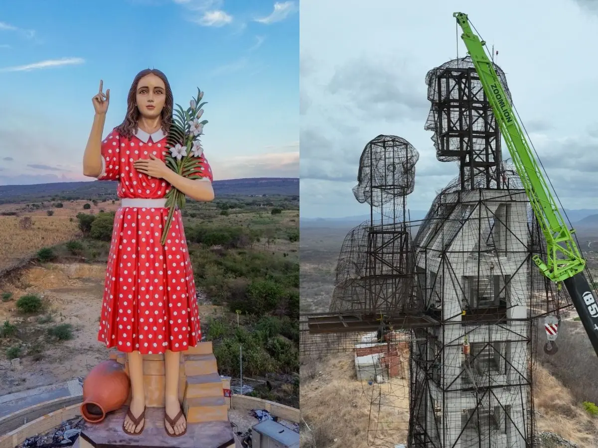 Montagem com duas imagens de monumentos religiosos no Ceará: à esquerda, a estátua da Menina Benigna em Santana do Cariri, cercada por andaimes e operários durante a construção; à direita, a estrutura de aramado metálico formando o rosto da estátua de Santo Antônio em Caridade.