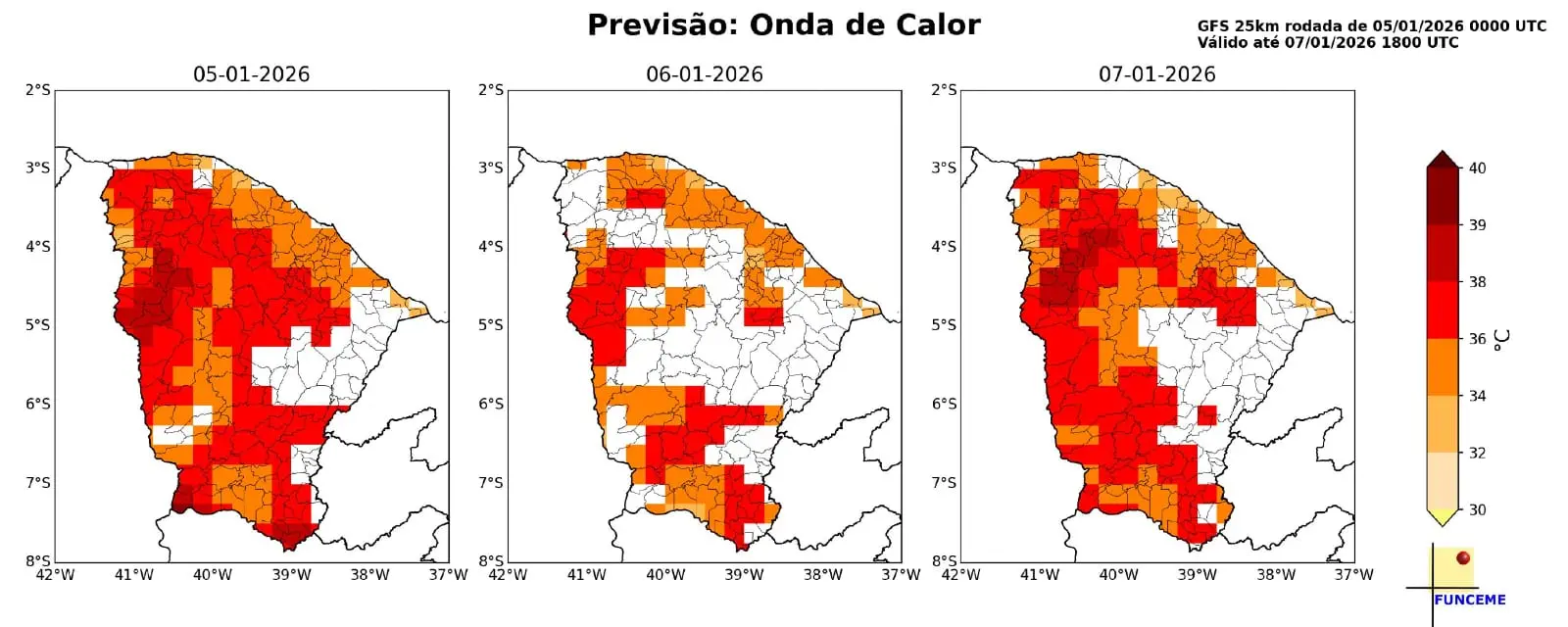 Ilustração com três mapas do Ceará colorido em tons de vermelho e laranja, mostrando possível mancha de calor intenso nos dias 5, 6 e 7 de janeiro de 2026.