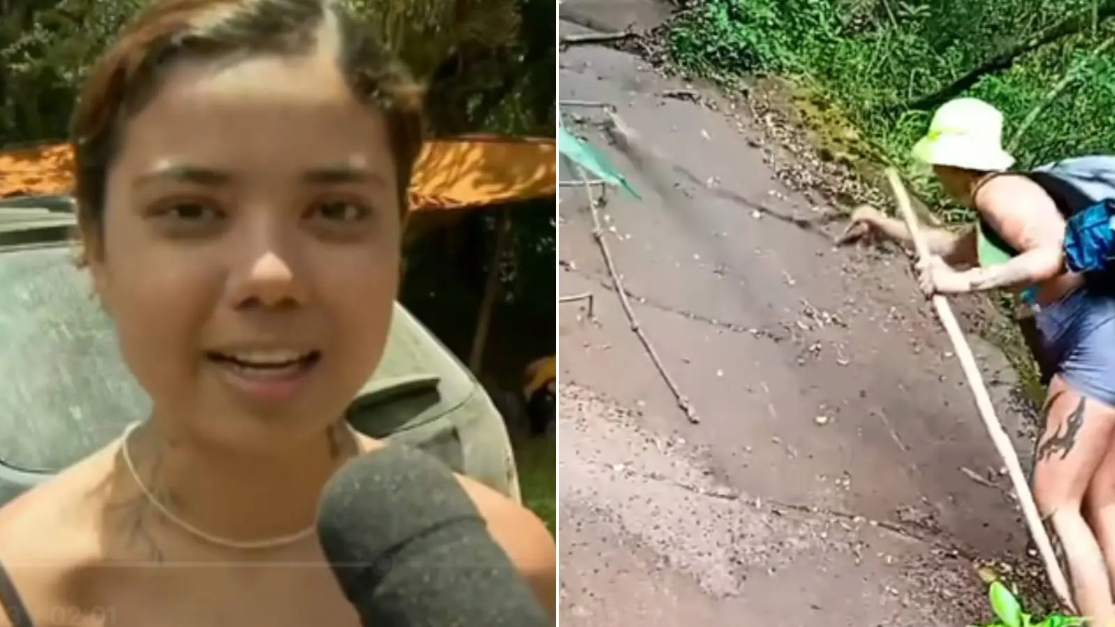 Imagem dividida: à esquerda, Thayane Smith, amiga de jovem que desapareceu em Pico do Paraná, falando em um microfone e, ao lado direito, ela aparece na trilha do Pico Paraná com mochila e chapéu subindo um caminho enlameado.