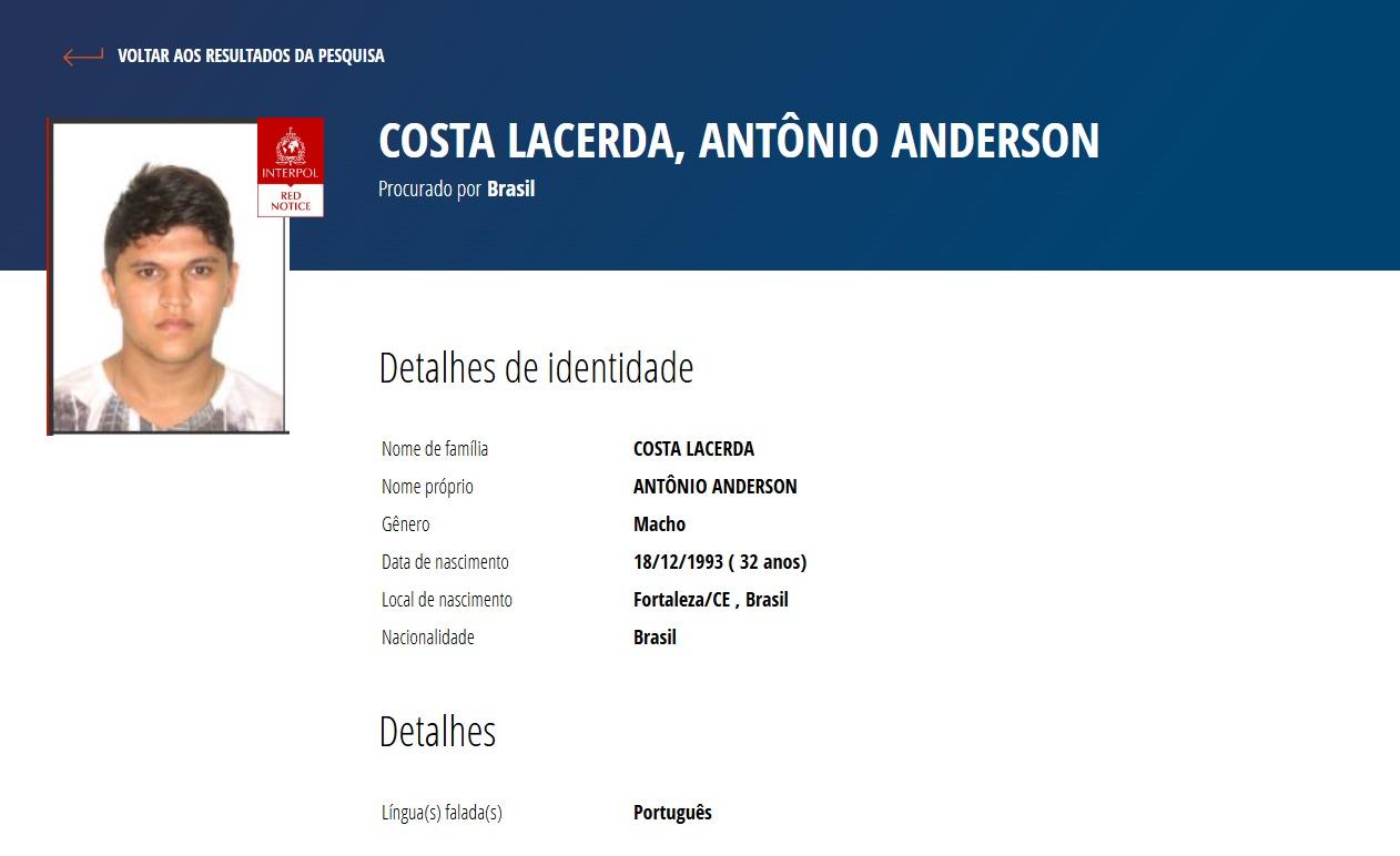 print de ficha de um cearense procurado pela interpol, costa lacerda na red notice.