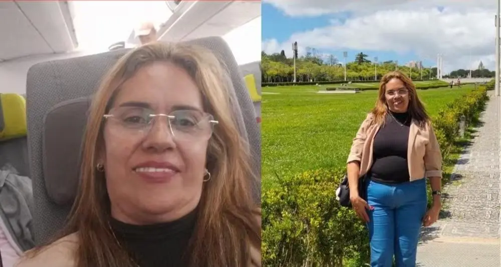 Duas fotos da mesma mulher: uma selfie no interior de um avião/ônibus e uma pose de corpo inteiro num parque com céu azul.