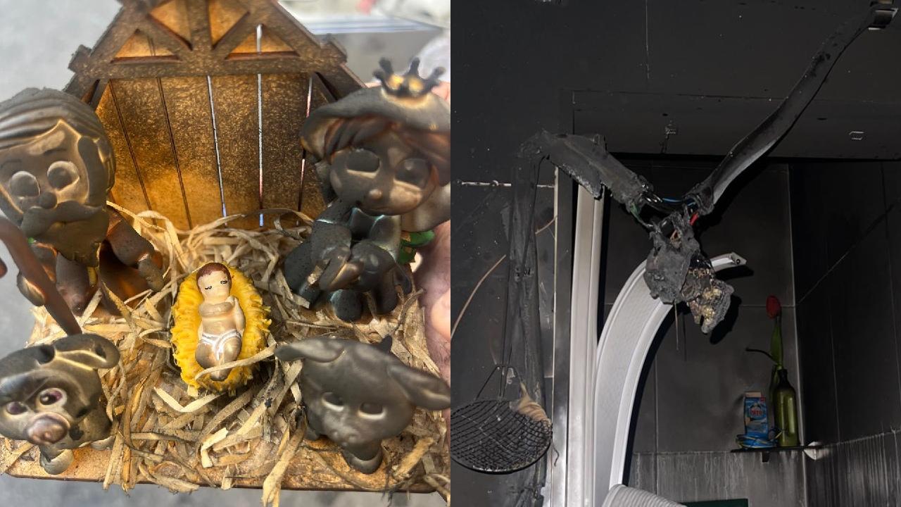 Montagem com duas imagens lado a lado: à esquerda, um presépio com figuras de Maria, José, o Menino Jesus na manjedoura, um boi e um carneiro, iluminado por luz amarela; à direita, interior de um ambiente com teto e estrutura queimados, fios derretidos e marcas de incêndio, sugerindo danos causados pelo fogo.