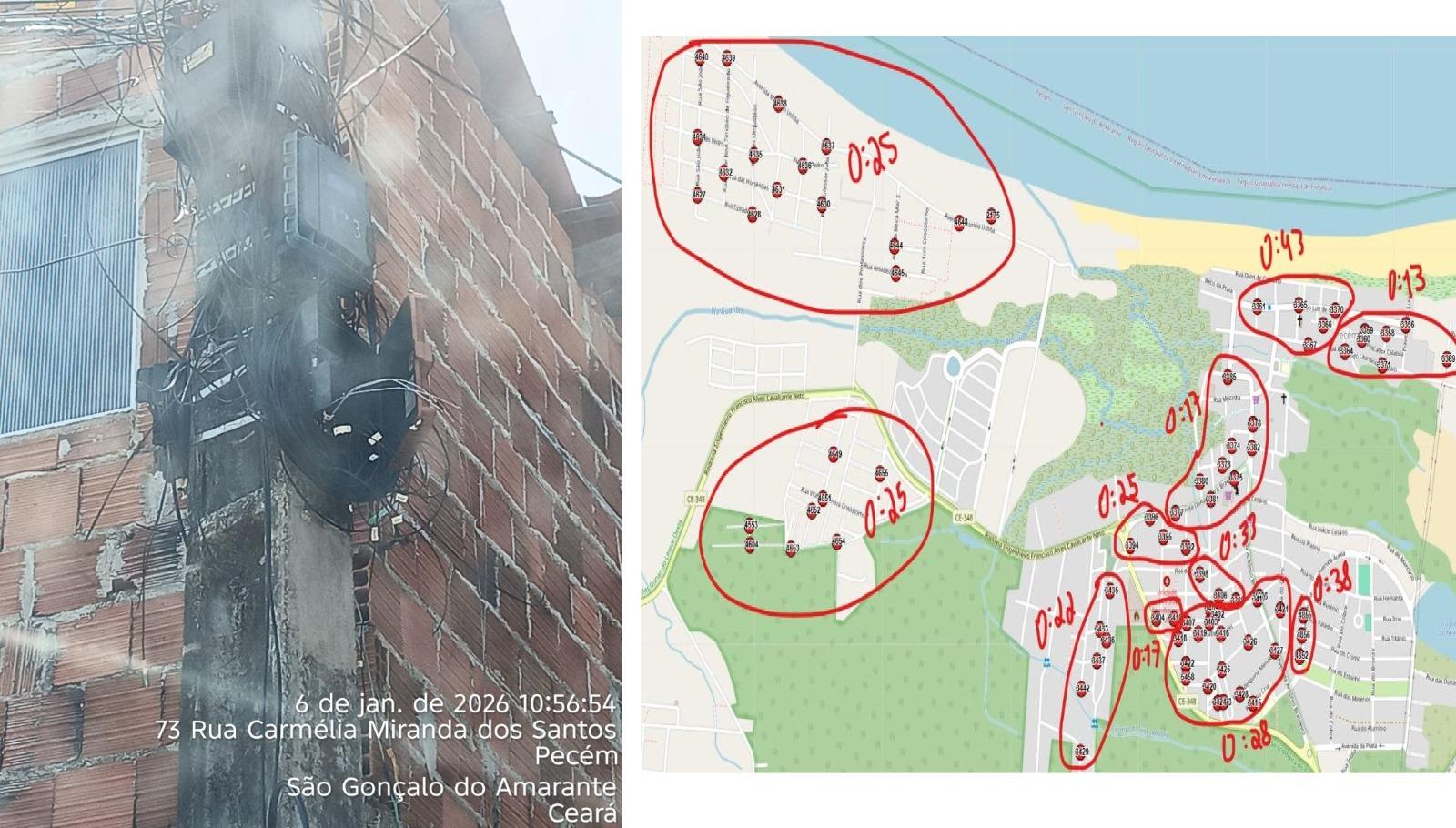 montagens dois prints, de um lado poste de telefonia com cto atacado, provedor de internet, no outro mapa com localidades e horarios dos ataques.