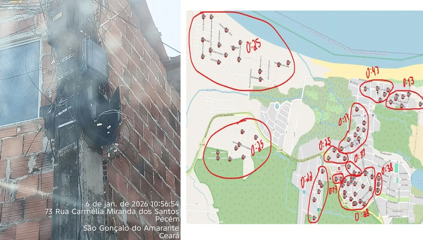 montagens dois prints, de um lado poste de telefonia com cto atacado, provedor de internet, no outro mapa com localidades e horarios dos ataques.