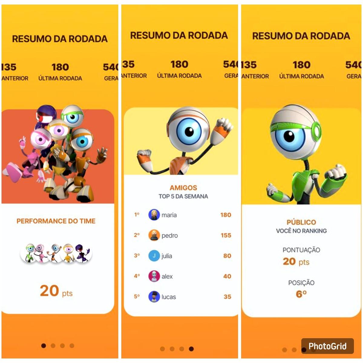 Detalhes das telas do jogo Cartola BBB mostrando interface amarela e laranja junto do robô do programa.