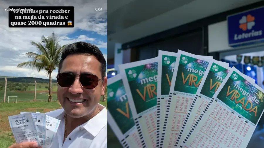 Colagem mostra a aposta e os papeis da Mega da Virada.