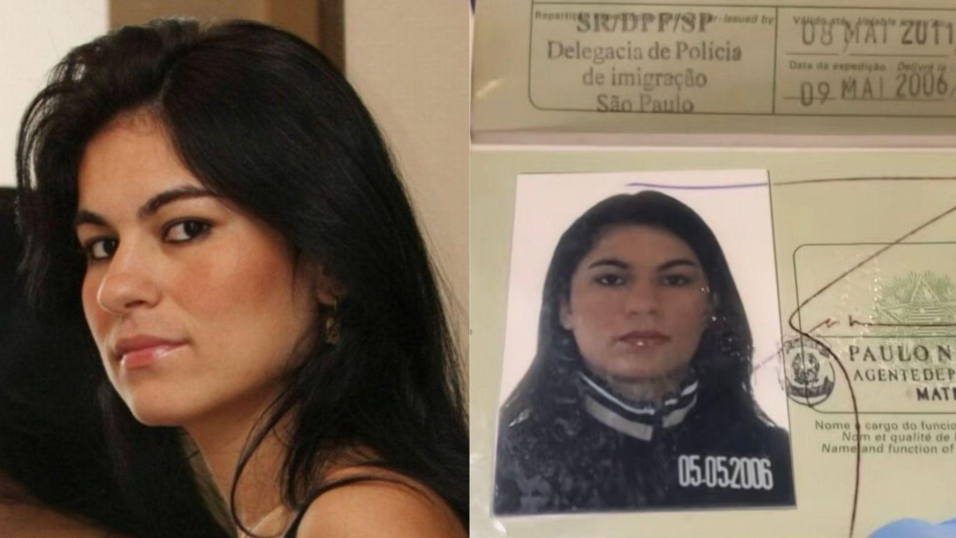 Colagem mostrando foto de Eliza Samudio há epoca antes do crime e do passaporte.