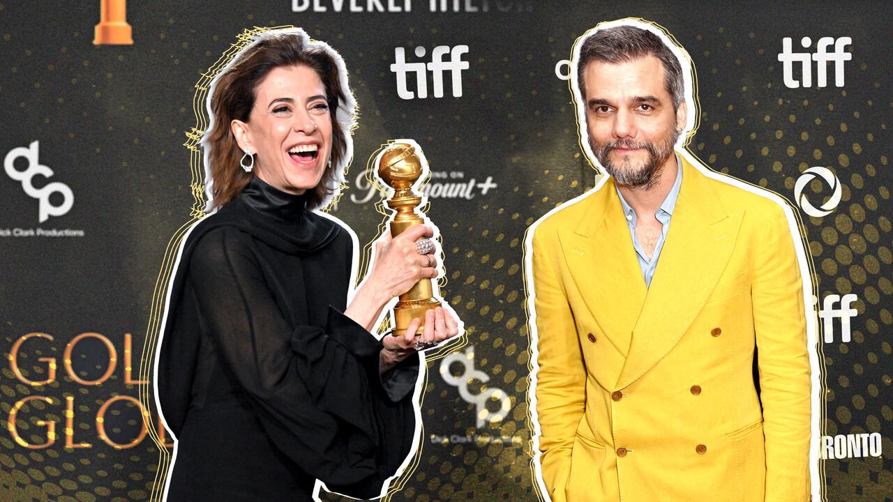 Fernanda Torres sorri alegremente segurando uma estatueta do Globo de Ouro à esquerda, enquanto Wagner Moura posa seriamente com um terno amarelo vibrante à direita. Ambos estão recortados com bordas estilizadas sobre um fundo escuro repleto de logotipos de premiações e eventos de cinema, criando uma montagem festiva.