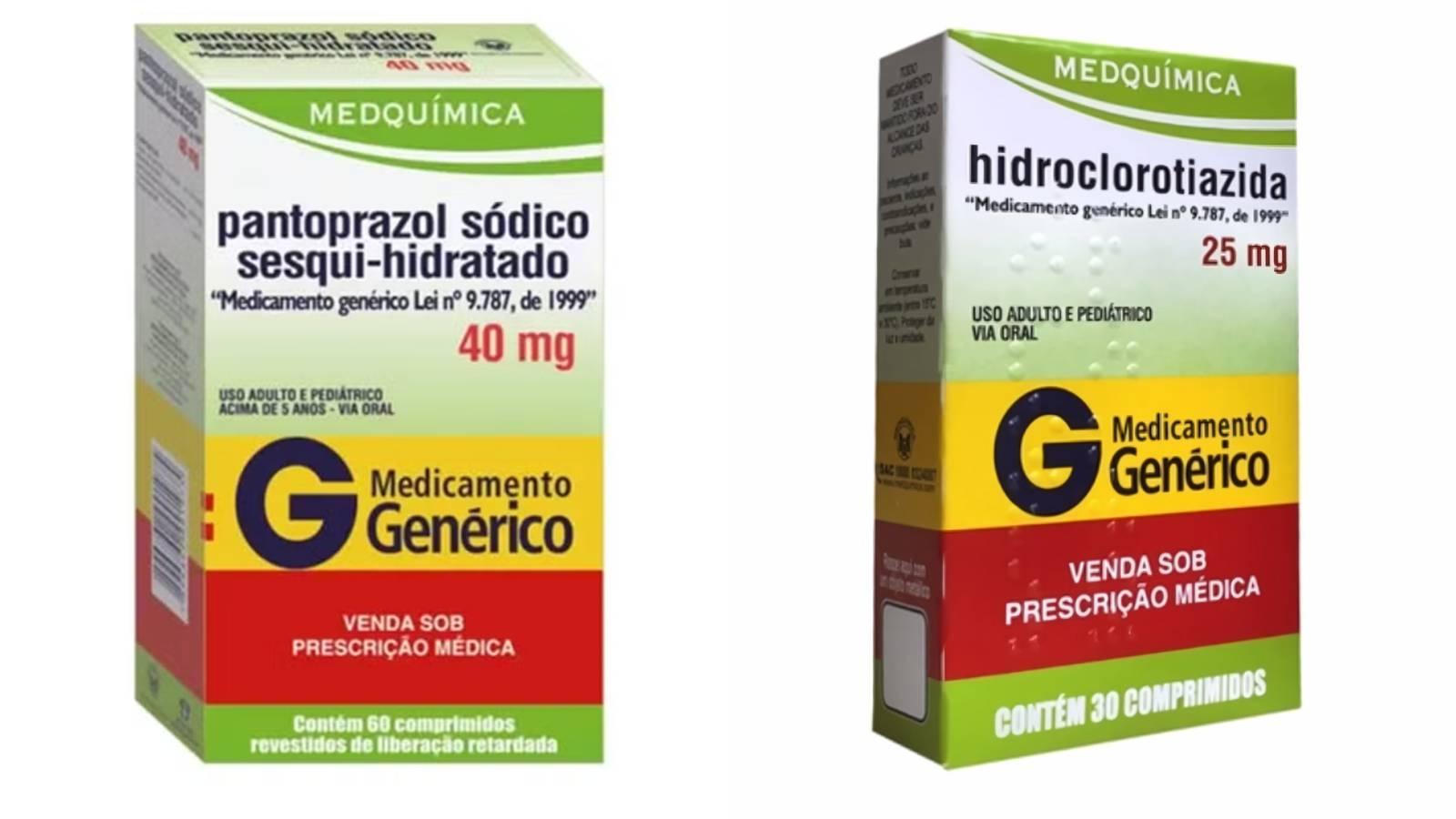 Imagem mostra duas caixas de medicamentos genéricos, Pantoprazol Sódico 40mg e Hidroclorotiazida 25mg, da marca Medquímica.
