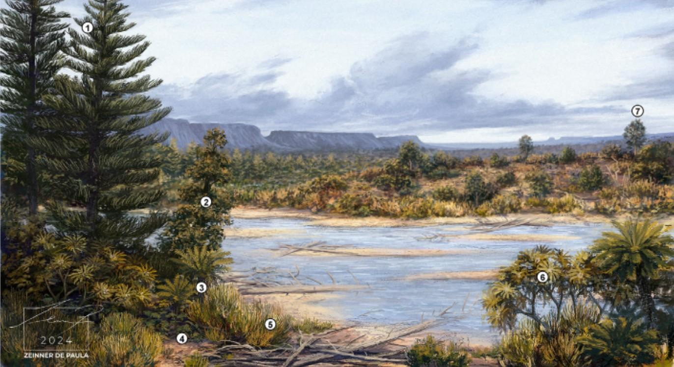 Ilustração de uma vasta paisagem pré-histórica com coníferas altas e vegetação exuberante em torno de um rio raso e largo, com mesas distantes sob um céu nublado, simulação de Missão Velha há 145 milhões de anos.