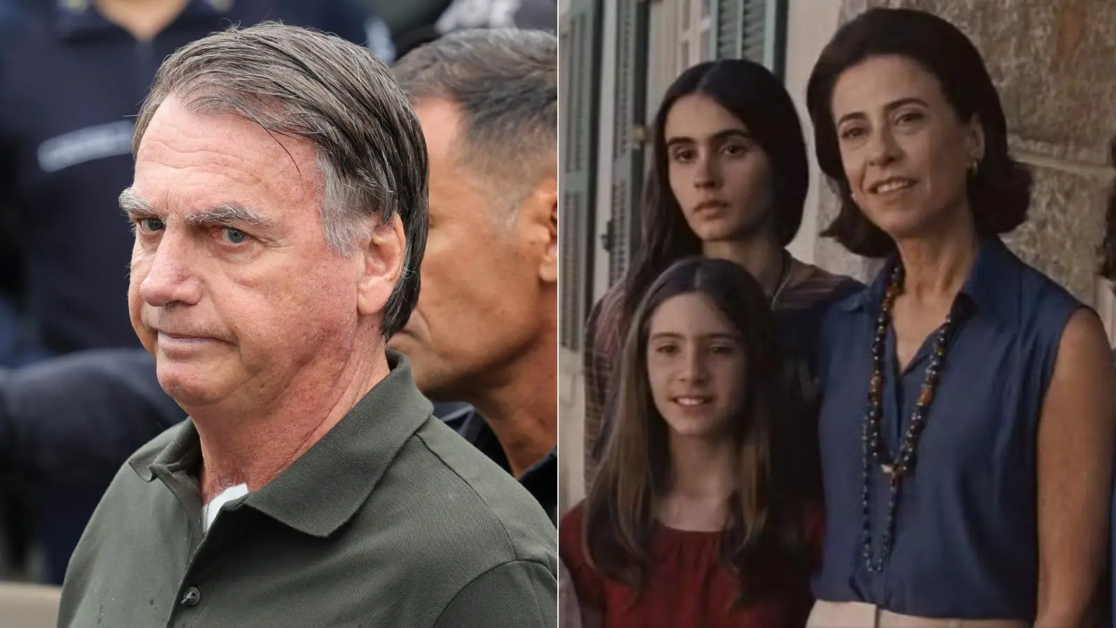 Montagem de fotos mostra Bolsonaro à esquerda e cena do filme Ainda Estou Aqui à direita. Imagem usada em matéria onde ex-presidente pede a Moraes redução de pena por meio da leitura.