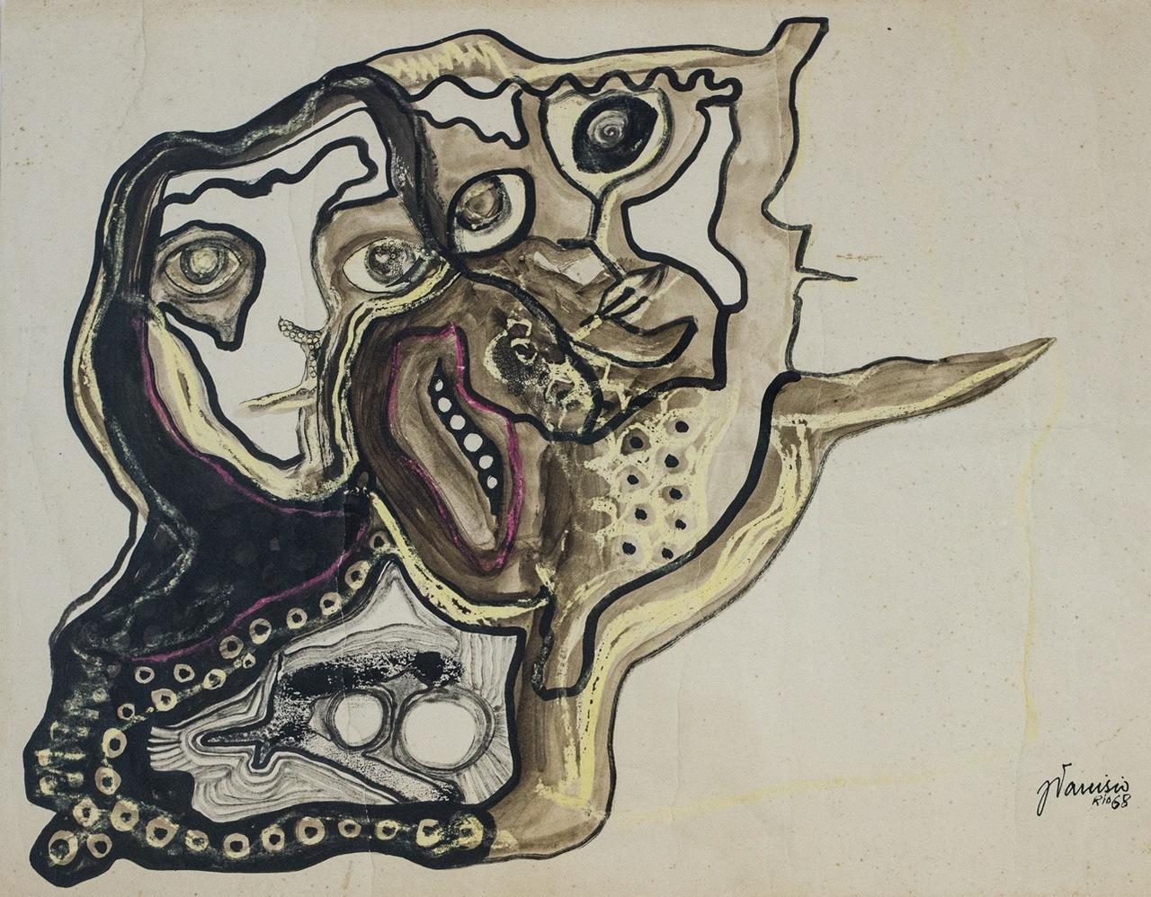 Uma composição abstrata de Zé Tarcísio apresenta figuras sobrepostas com contornos pretos orgânicos e tons de sépia, destacando rostos estilizados com olhos expressivos e texturas pontilhadas. O fundo neutro enfatiza o movimento das linhas fluidas e detalhes em roxo, criando uma atmosfera enigmática e dinâmica característica do estilo do artista.