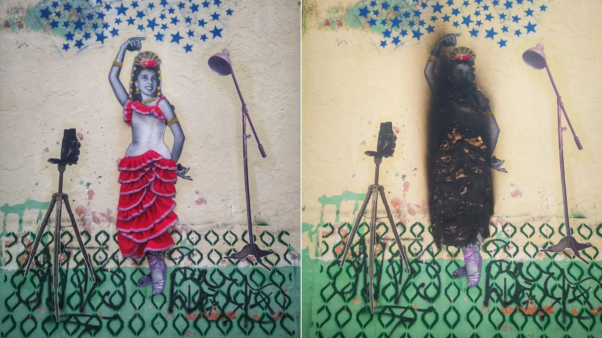 Obra em homenagem à Telma Saraiva incendiada.