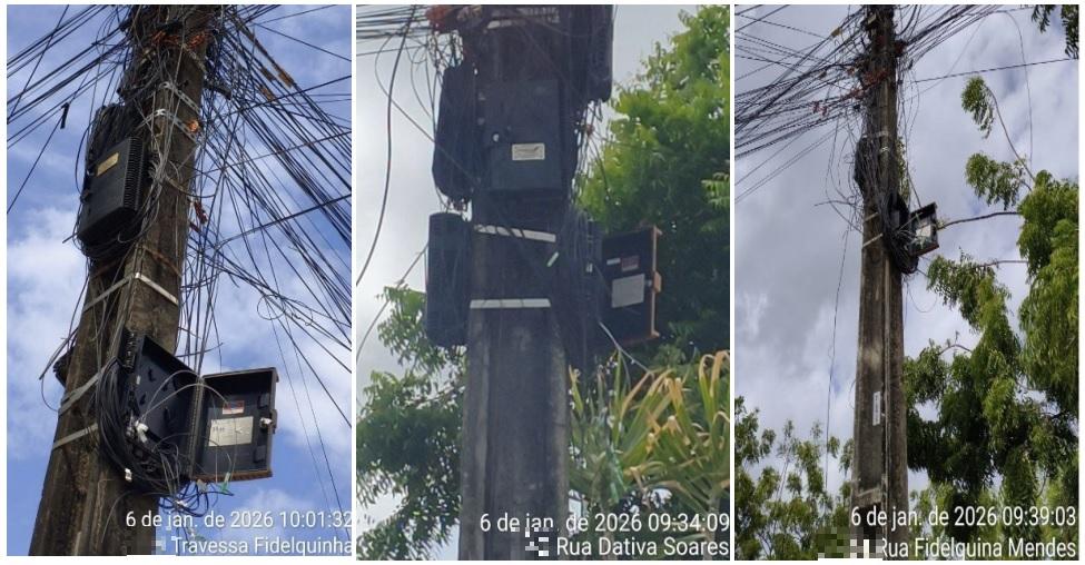 As imagens mostram três postes, com equipamentos danificados, no município de São Gonçalo do Amarante, no Ceará.