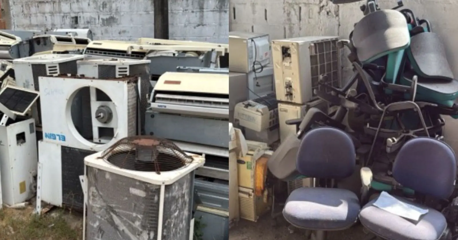 Esta imagem combina cenas de abandono e descarte em áreas externas. À esquerda, há uma grande pilha de unidades condensadoras de ar-condicionado antigas, sujas e enferrujadas, acumuladas junto a um muro de blocos. À direita, a cena mostra cadeiras de escritório estofadas em azul e cinza amontoadas de forma desordenada, também acompanhadas por sucatas de aparelhos de refrigeração.