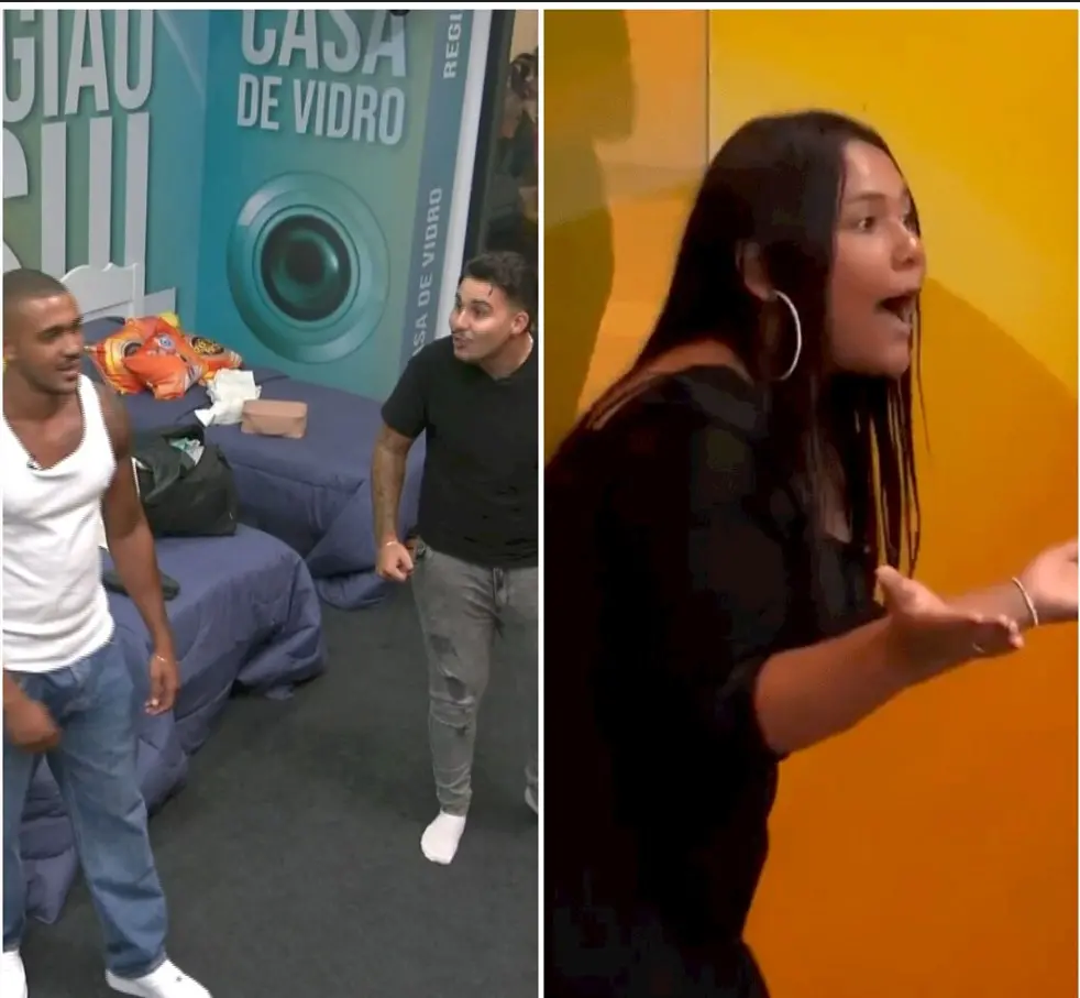 Cenas de pessoas confinadas nas casas de vidro do BBB 26: uma moça de blusa preta discutindo com as mãos levantadas e dois homens discutindo entre si em outra câmera.