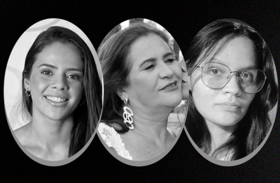 Montagem em fundo preto com três círculos em preto e branco mostrando as fotos de três mulheres falecidas em acidente no Ceará: Vitória, sorridente e com cabelo liso de lado; Maria Benoli, idosa com brinco e cabelos escuros; e Sarah, uma jovem de cabelos lisos e óculos.