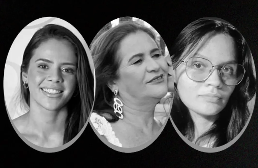 Montagem em fundo preto com três círculos em preto e branco mostrando as fotos de três mulheres falecidas em acidente no Ceará: Vitória, sorridente e com cabelo liso de lado; Maria Benoli, idosa com brinco e cabelos escuros; e Sarah, uma jovem de cabelos lisos e óculos.
