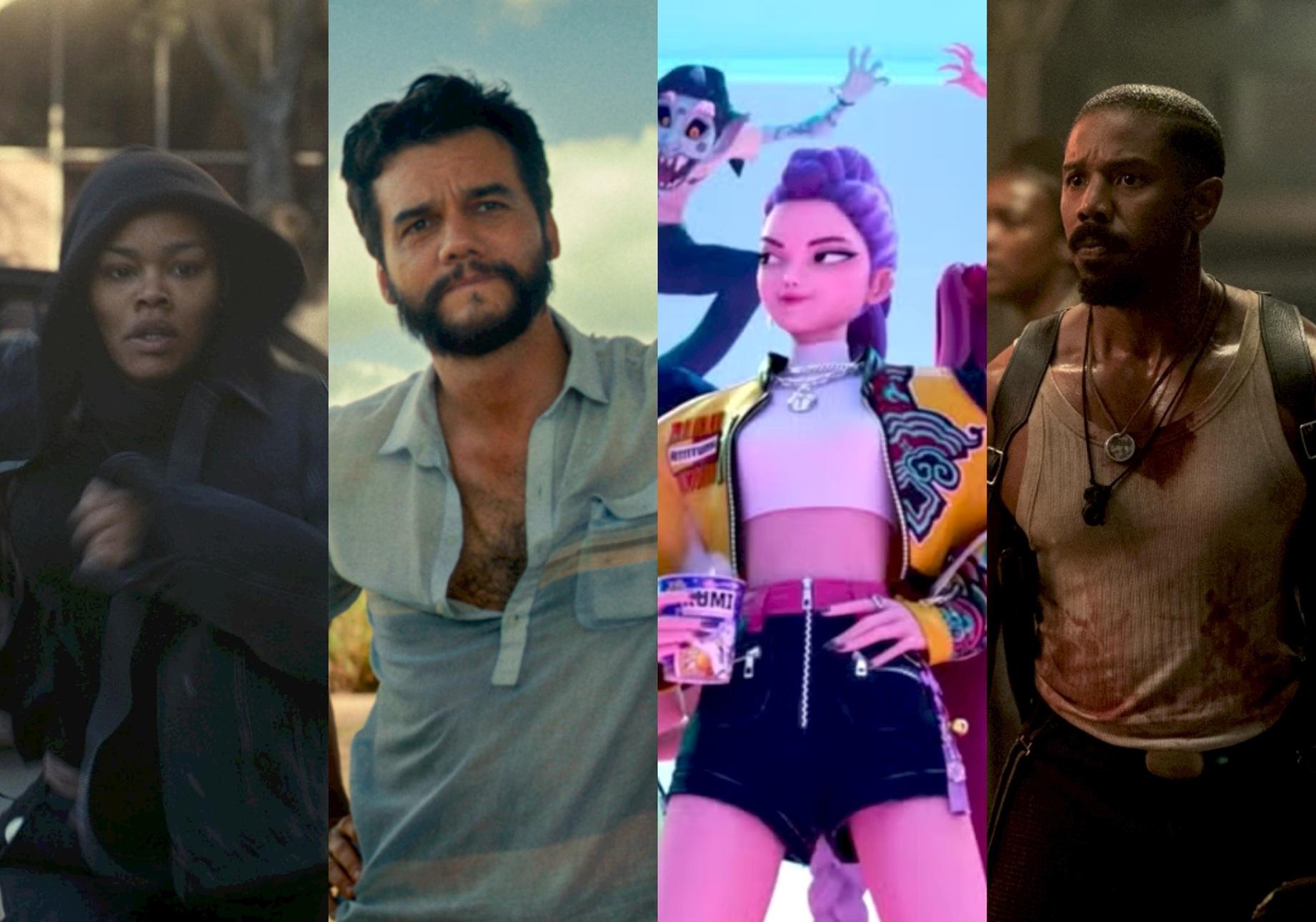 Montagem de quatro cenas dos filmes Uma batalha após a outra, O agente secreto, Guerreiras do K-Pop e Pecadores.