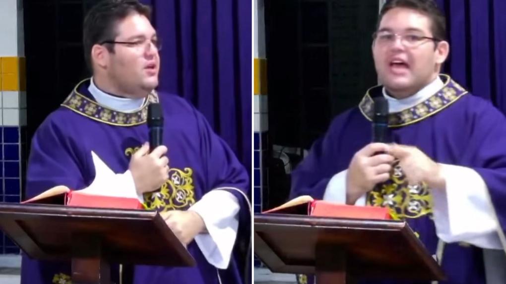 Montagem de fotos do padre Ránis Dias celebrando missa. Ele é um homem jovem, branco e de cabelo preto.