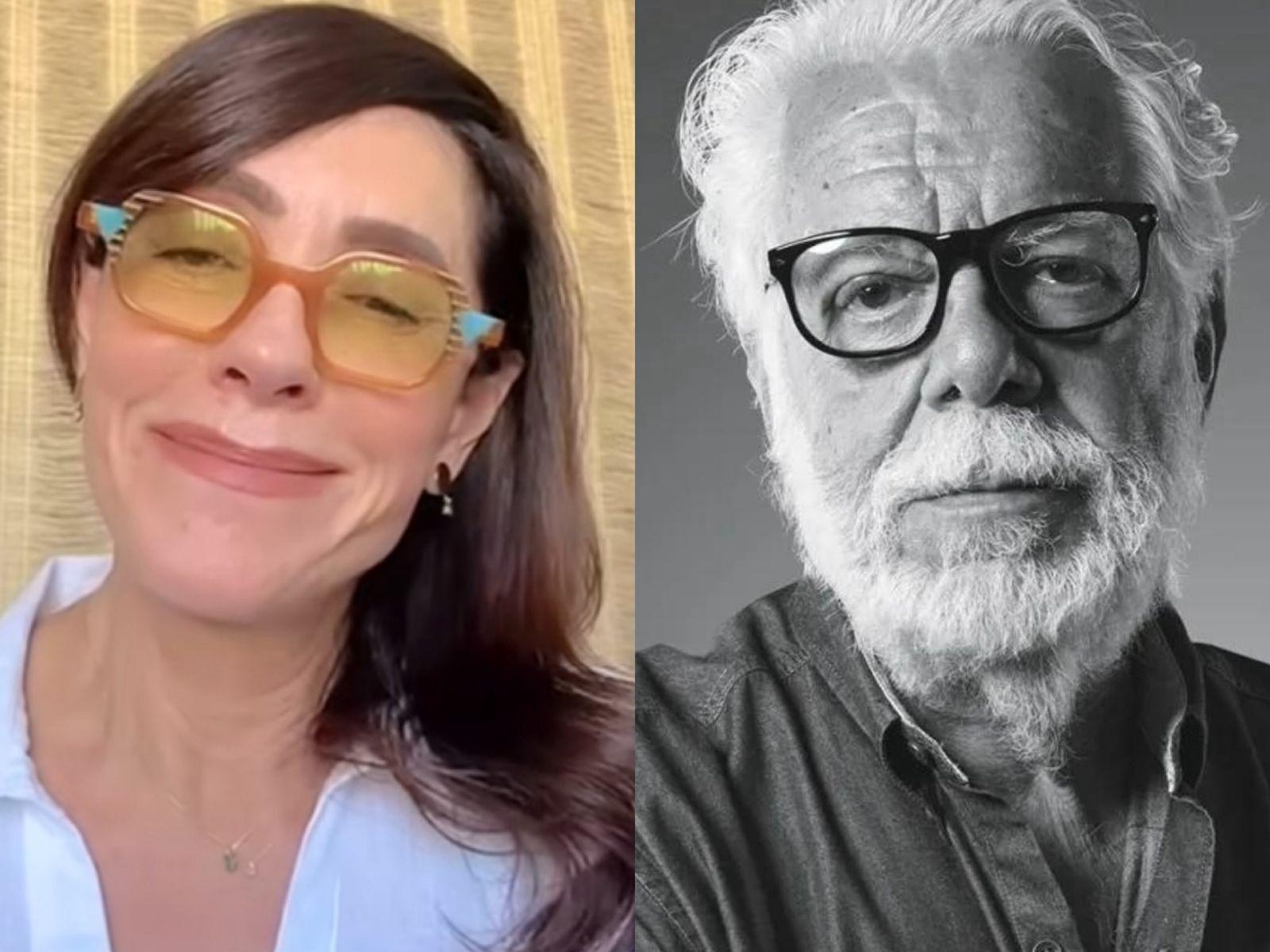 Montagem de fotos da atriz Christiane Torloni, à esquerda, em imagem colorida e usando óculos amarelos; e do autor Manoel Carlos, em imagem preto e branco, um homem idoso de barba branca e óculos de aros pretos.