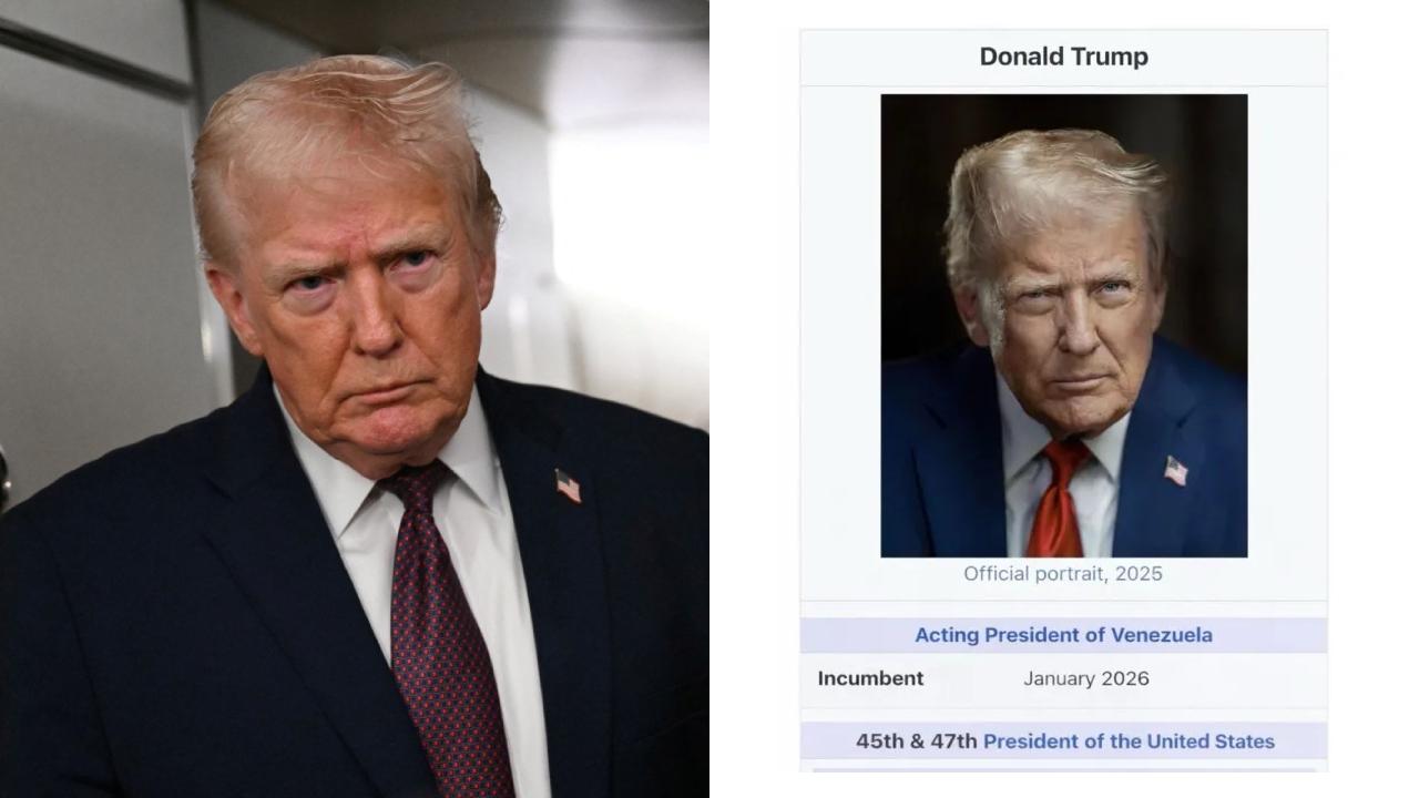 Em montagem que lembra layout da Wikipedia, Trump aparece como ‘presidente interino’ da Venezuela.