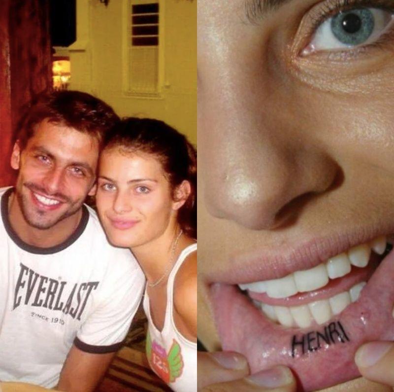 henri castelli e isabeli fontana sorrindo em primeiro plano no lado esquerdo da imagem; o lado direito mostra um close de um lábio inferior com o nome HENRI tatuado.