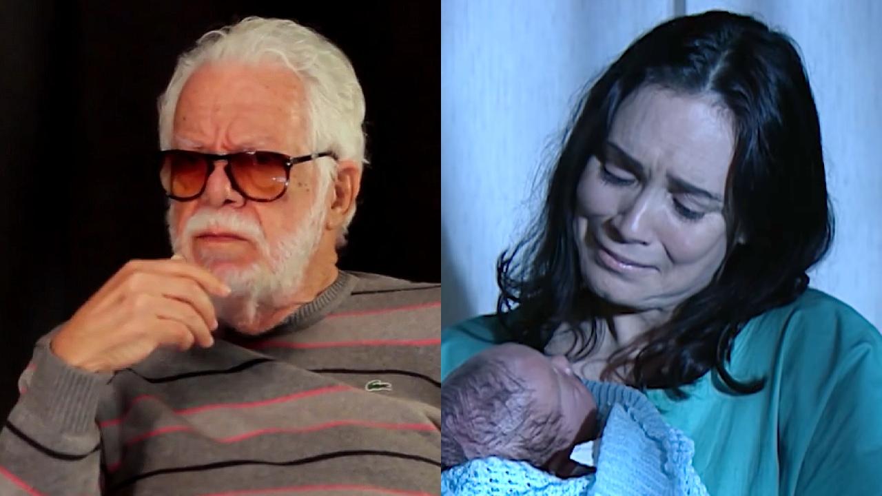 Imagens de Manoel Carlos em programa de TV com imagem de cena da novela 'Por Amor'. Uma mulher aparece segurando um bebê.