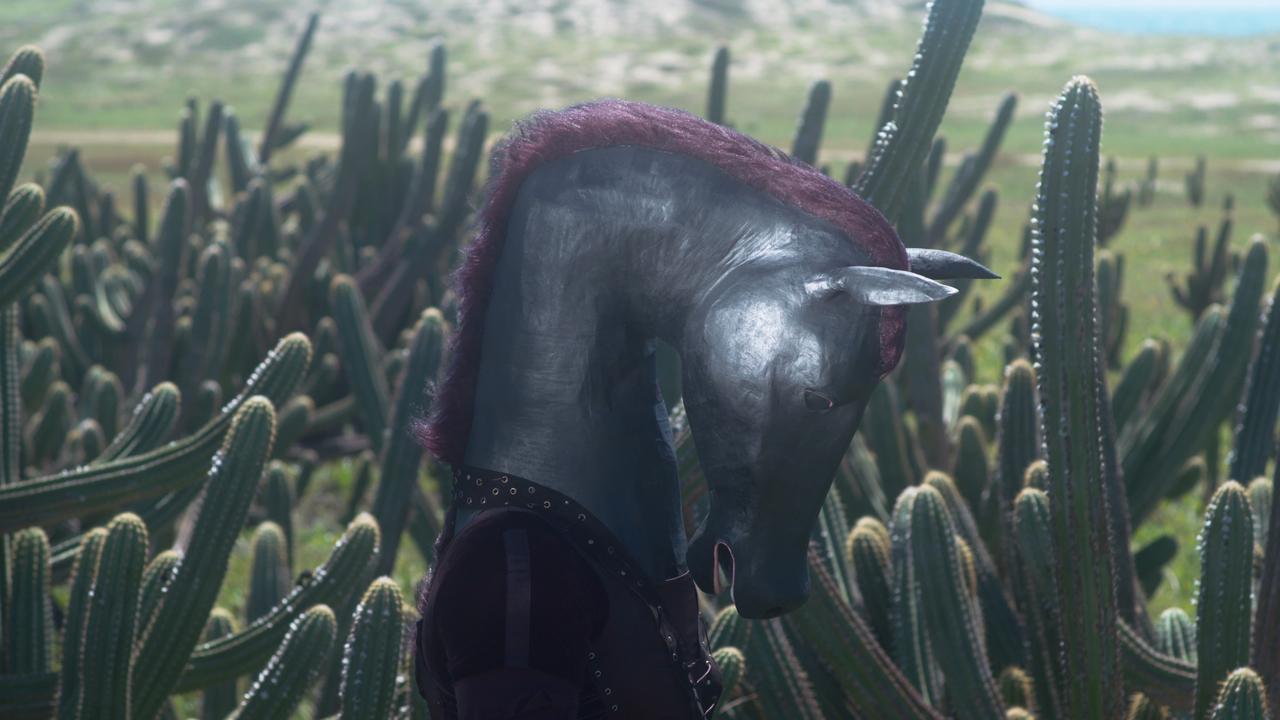 Uma figura usando uma máscara de cavalo preta e brilhante com crina avermelhada destaca-se em perfil contra um campo repleto de cactos. A cena funde o elemento surreal da máscara com a textura rústica da vegetação sob uma luz natural que realça as formas e sombras da composição.