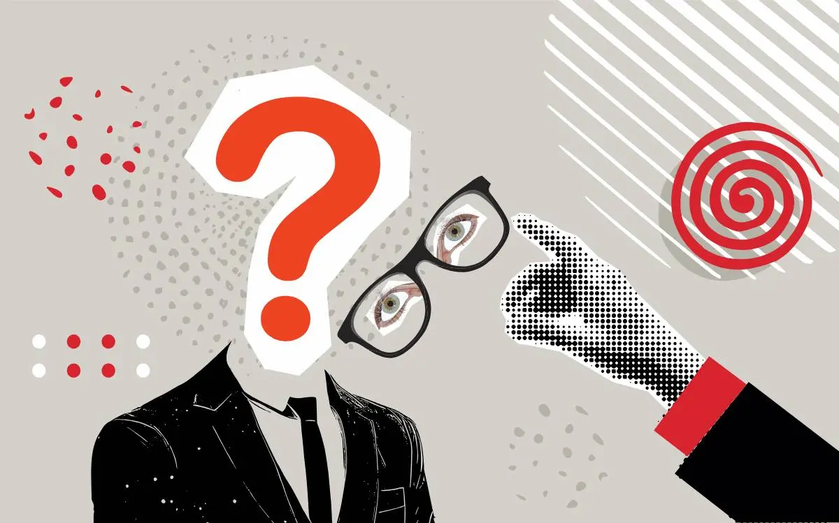 Colagem de profissional com ponto de interrogação.