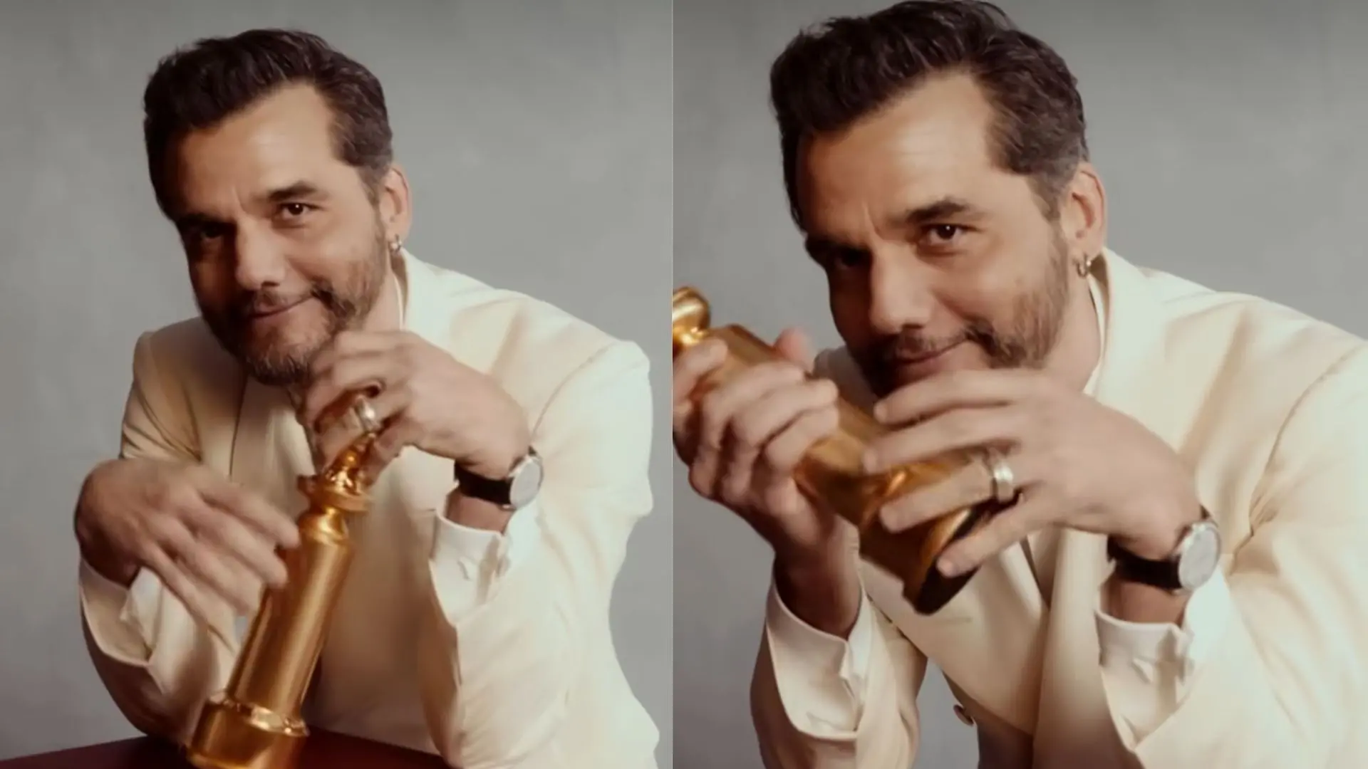 Colagem com frames do ator com a estatueta do Globo de Ouro onde o filme O Agente Secreto também foi premiado.