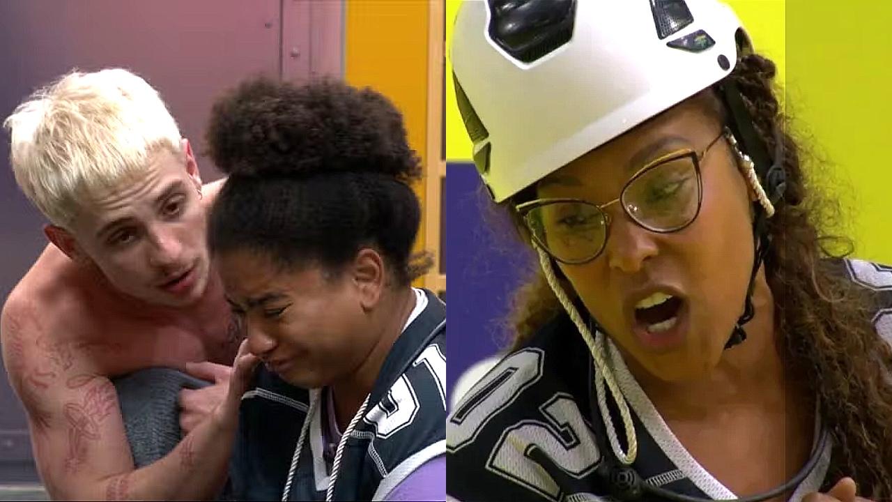Montagem de imagens do BBB 26 mostra Milena chorando enquanto é consolada por Juliano Floss e, ao lado, Sol Vega com capacete, em expressão exaltada durante a Prova do Líder, evidenciando o conflito entre as participantes.