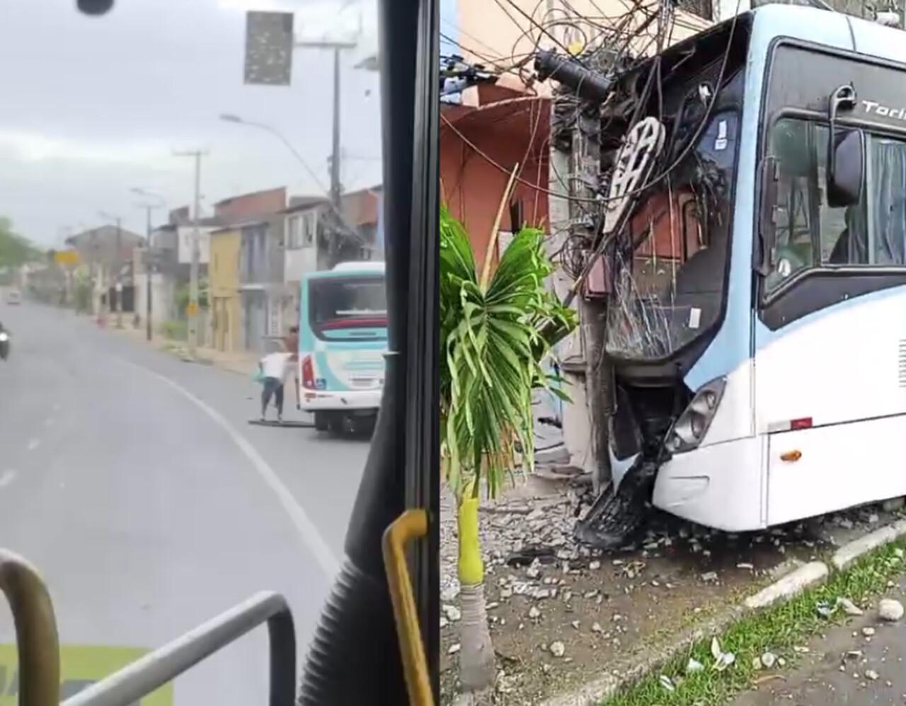 Colagem de duas fotos. À esquerda, parte traseira do ônibus e janela quebrada, com pessoas pulando para fora do veículo. À direita, parte dianteira de ônibus danificada após colisão com poste.