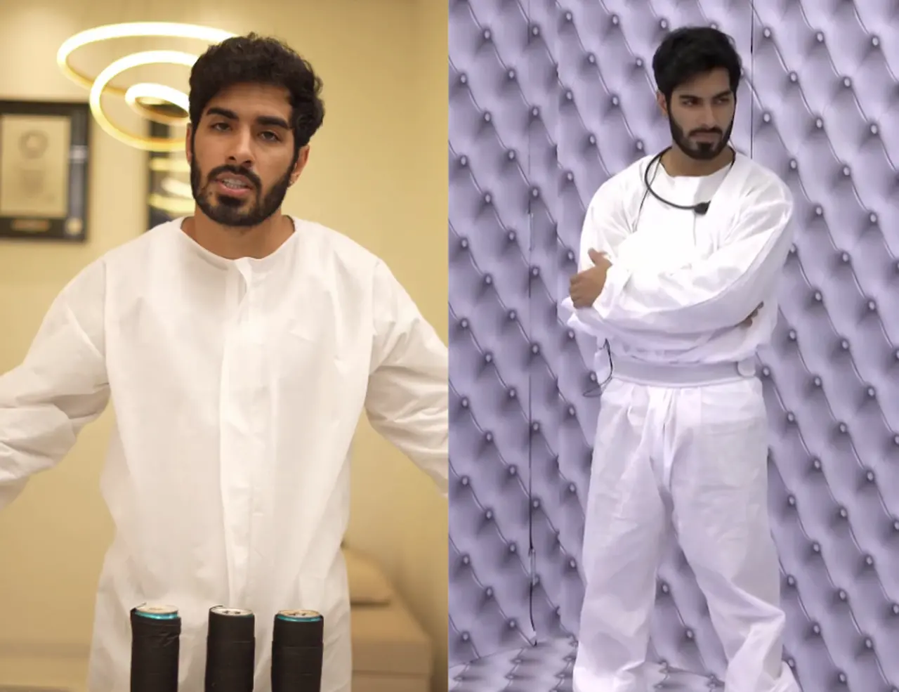 Homem branco de cabelo, barba e bigode preto com blusa branca em ambas as fotos. À esquerda, cenário de fundo é uma casa com quadros e luz amarela. À direita, cenário é parede branca de colchão.