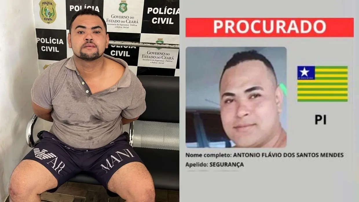 As imagens mostra uma mesma pessoa, ao ser preso e enquanto constava na lista dos mais procurados do Brasil.