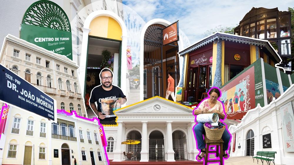 Na imagem, colagem digital composta por diversas fotos de pontos turísticos e personagens da Rua Dr. João Moreira, em Fortaleza. À esquerda, destaca-se uma placa de rua azul indicando o nome do local e o prédio histórico do Centro de Turismo do Ceará (Emcetur). Ao centro, um homem segura um disco de vinil e uma artesã trabalha em sua renda de bilro sentada em um banco. A imagem inclui fachadas neoclássicas em tons de branco e amarelo, o letreiro do Teatro Carlos Câmara e o Café Passeio. Há recortes de murais coloridos, arquitetura antiga com colunas brancas e um banco de praça verde à direita. O estilo da colagem é dinâmico, com contornos coloridos em rosa e amarelo destacando as figuras humanas e os prédios, transmitindo uma atmosfera de efervescência cultural e preservação histórica.