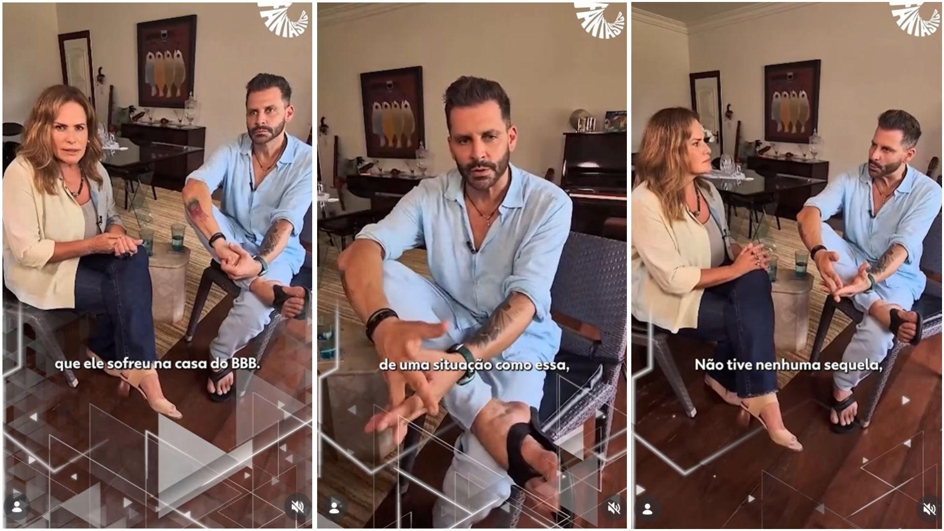 Henri Castelli, sentado, ao lado da jornalista Renata Ceribelii. De camisa azul e sandália preta, ele gesticula e comenta sobre o episódio convulsivo.