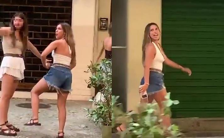 Montagem com duas imagens capturadas em vídeo. À esquerda, a advogada imita um macaco. À direita, ela caminha falando e olhando para trás.